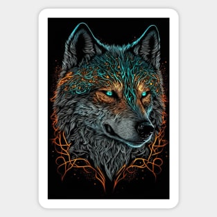 Mean Wolf portrait with teal and orange glow Sticker